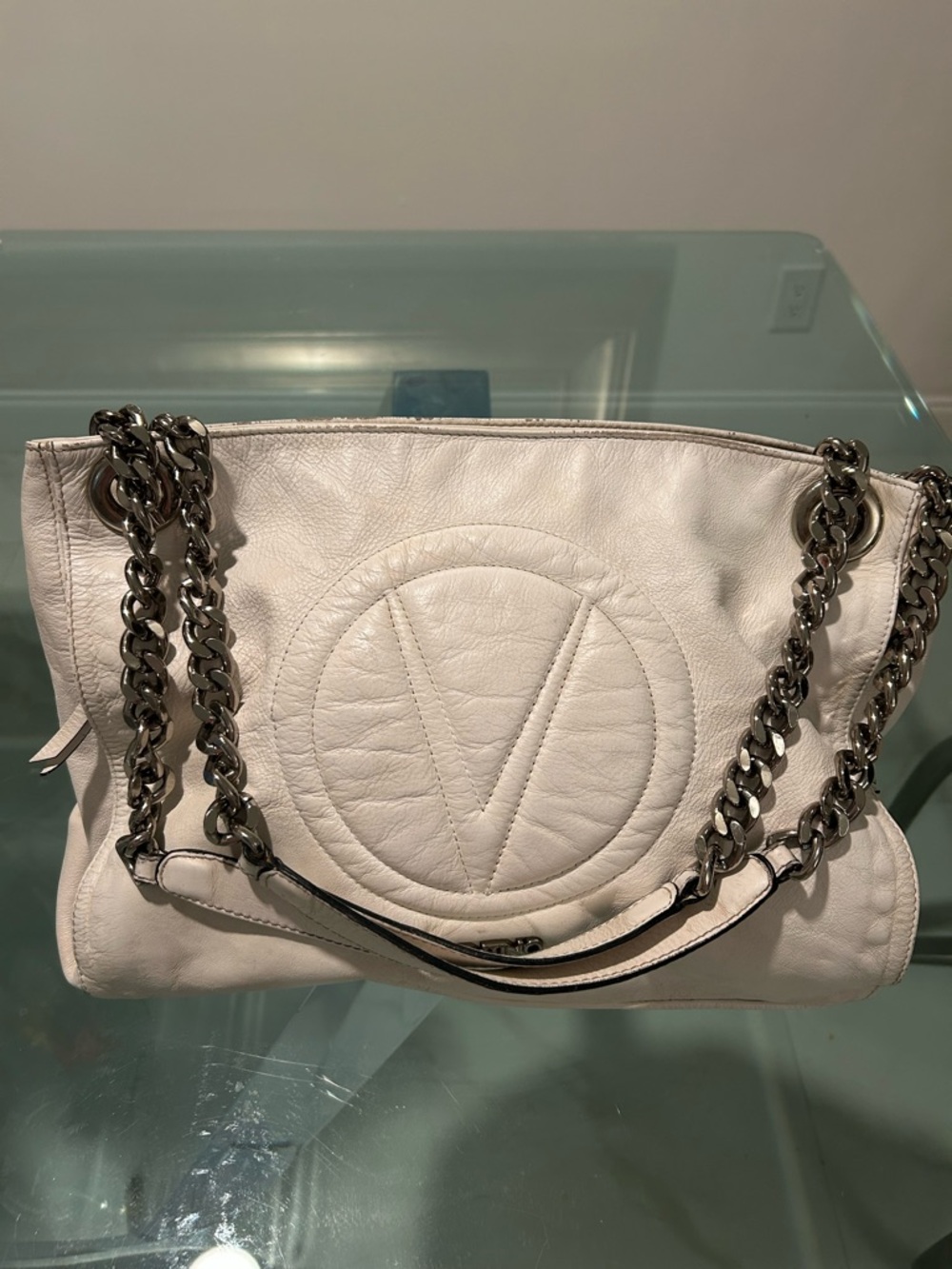 Valentino Garavani White Leather Shoulder Bag with Chain Straps from Italy
